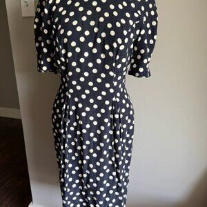 Vintage Petitie Liz Claiborne Navy and Ivory Polka Dot Knee/Midi Length Dress